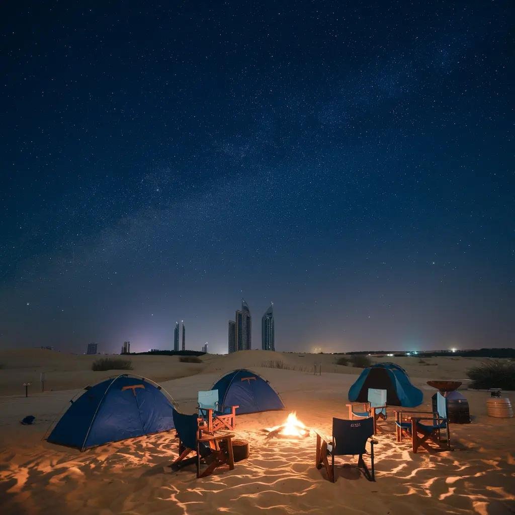 Guests relaxing around a campfire during the overnight desert safari experience
